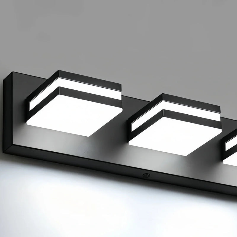 Arcato Modern 3-Light Bathroom Vanity – Cube Acrylic Shades on Matte Black Bathroom