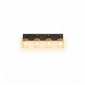 Excelis 4-Light Bathroom Vanity – Matte Black with Brushed Gold Clear Glass Shades