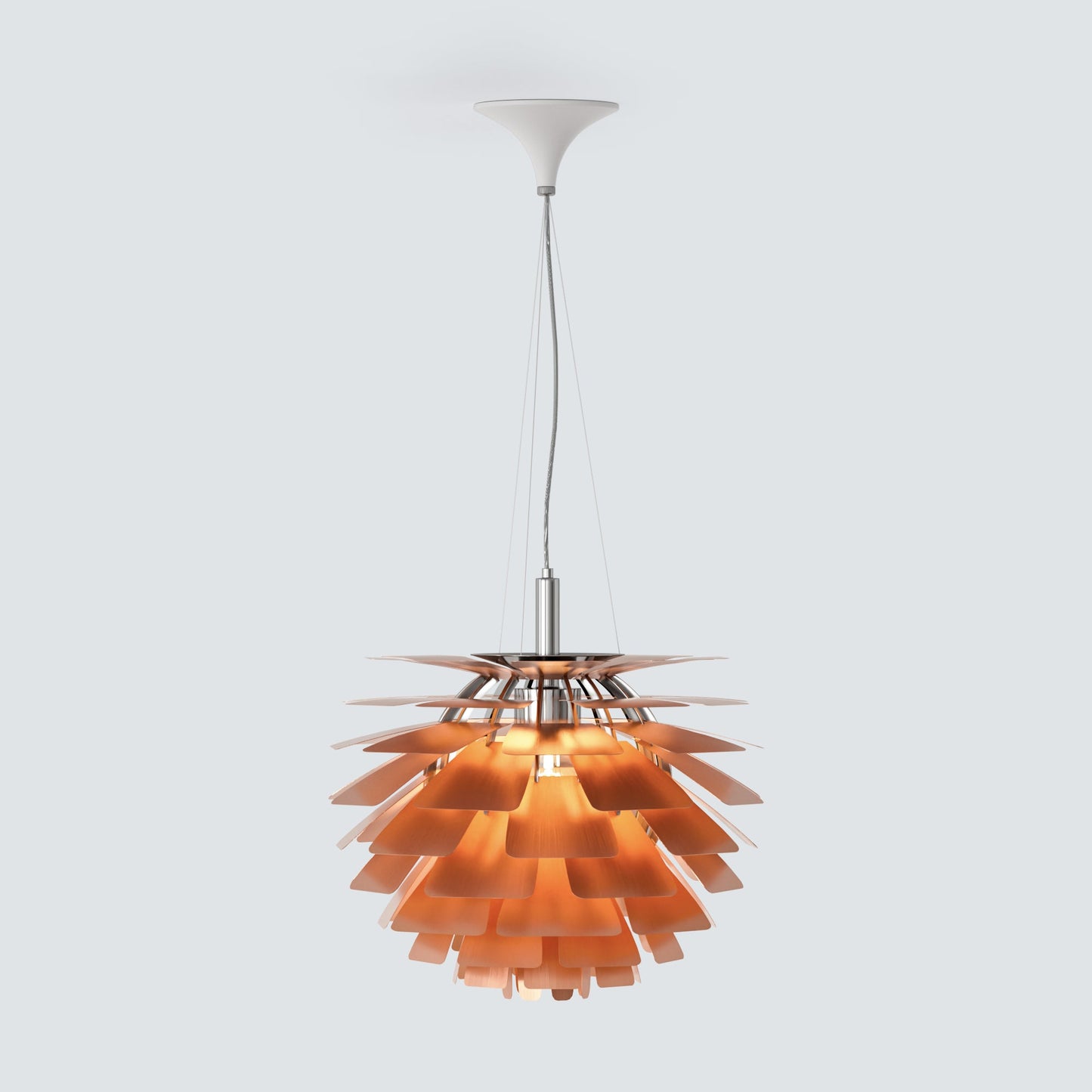 Full product image of a plated copper copper pendant light, designed with layered metal shades, a warm orange-copper finish, and a distinctive pinecone silhouette for decorative hanging lighting.