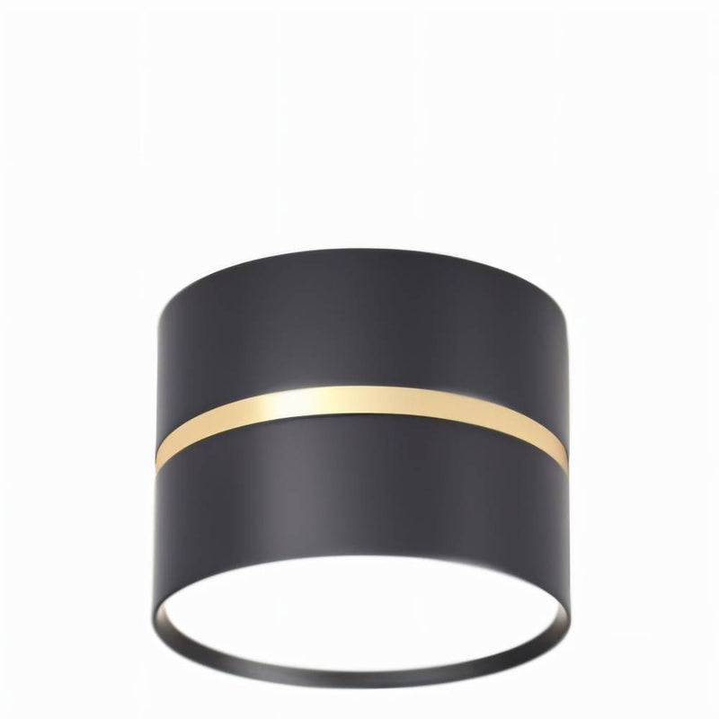 Black cylindrical downlight fixture with gold accent band and white diffuser on white background.
