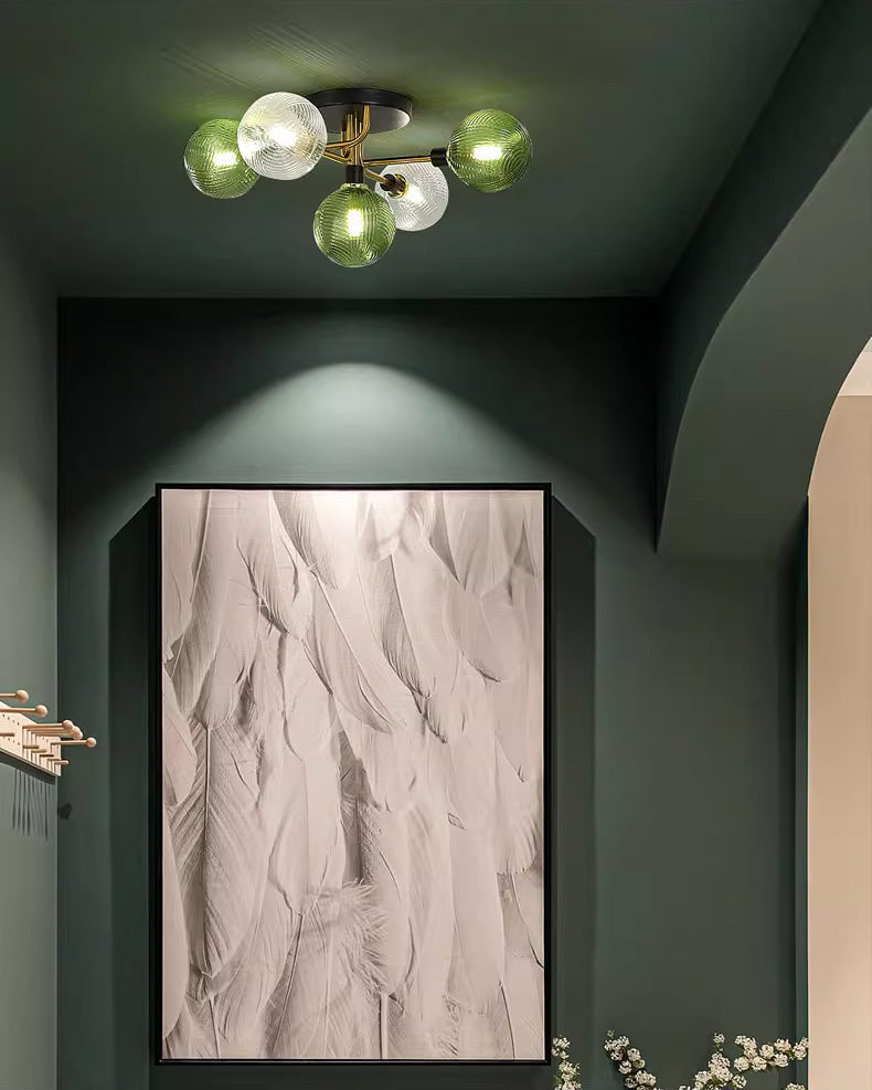 Olverai Ribbed Smoked/Green Glass Globe Ceiling Light