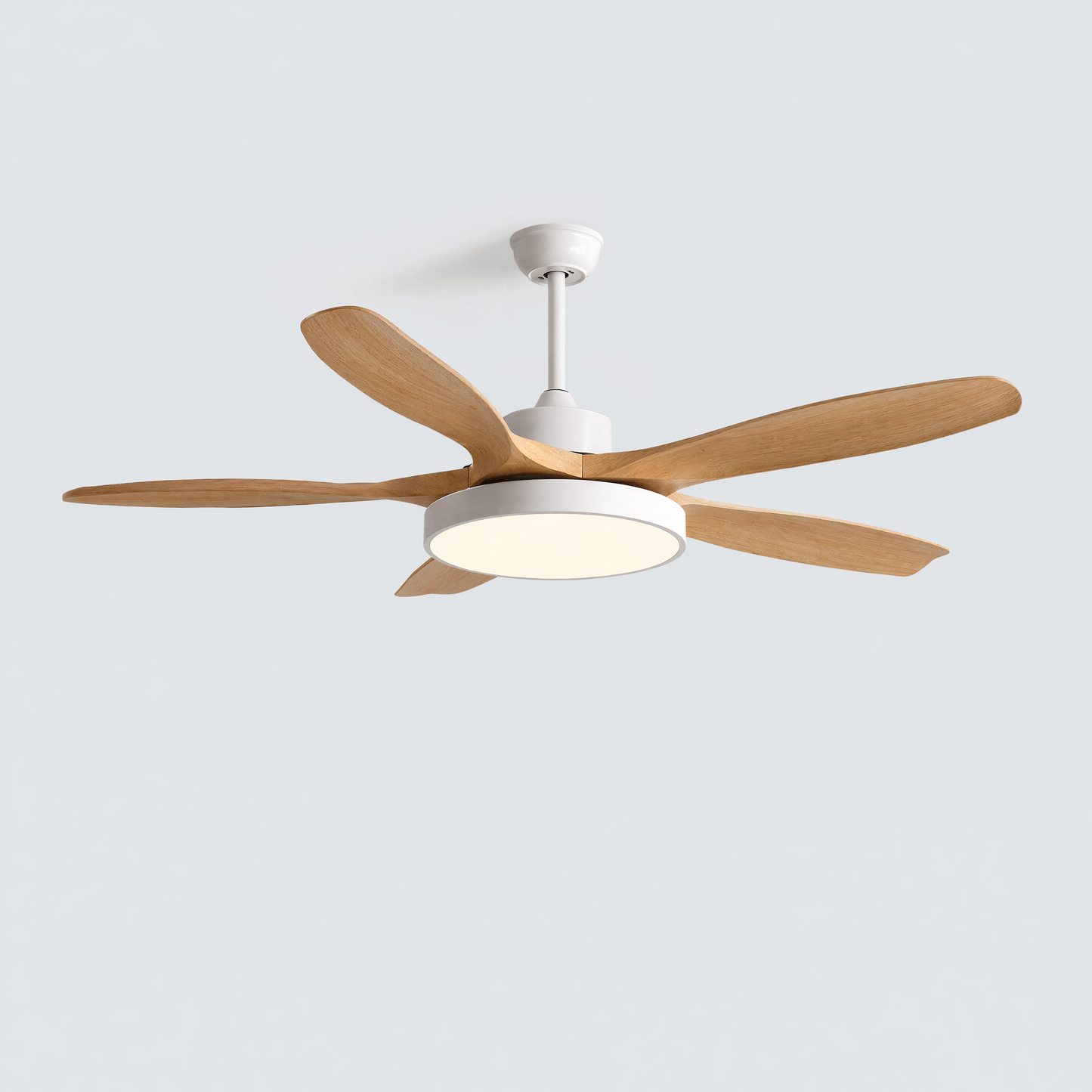 White 5-blade ceiling fans with led lights design with natural wood blades, offering a clean look for bedrooms, dining rooms, or living spaces.