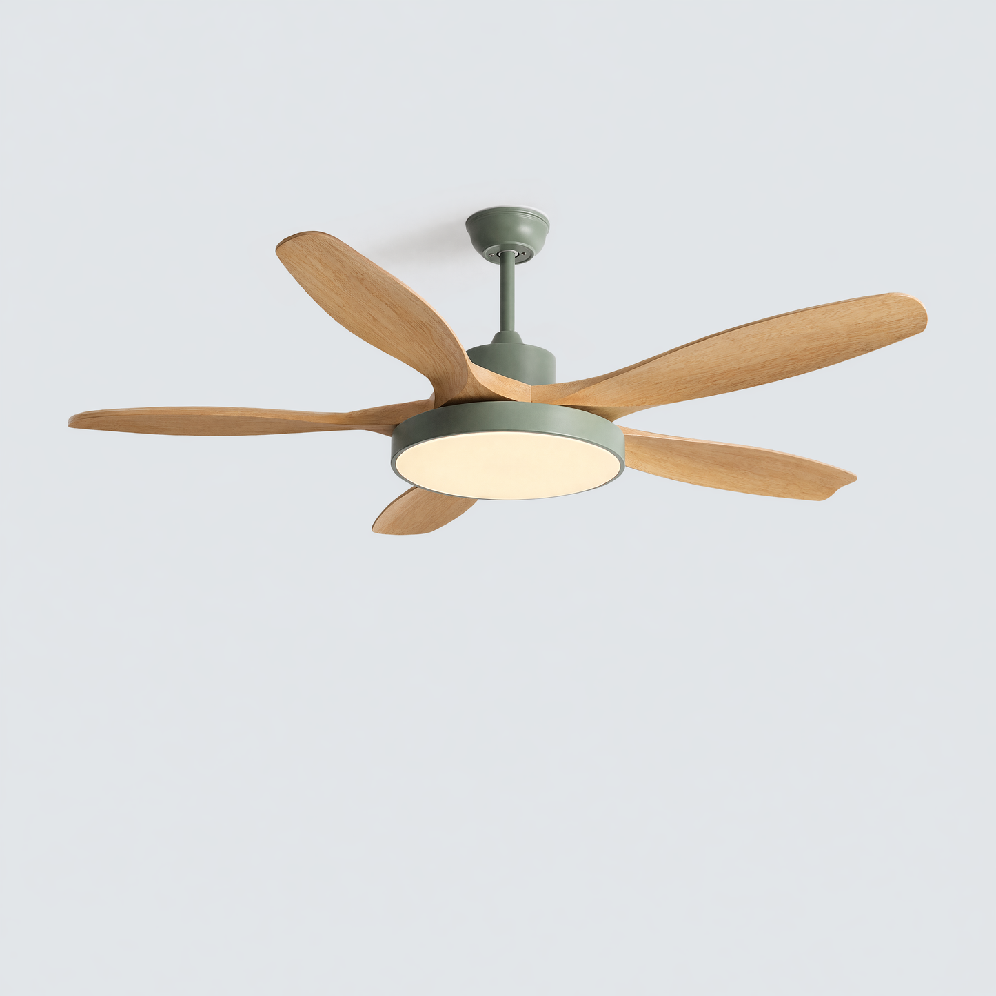 Green 5-blade ceiling fans lamps design with wood blades and a soft LED light, adding a subtle color accent to Scandinavian-inspired interiors.