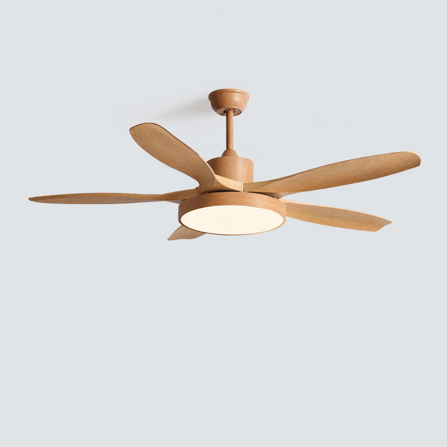 Warm wood 5-blade version of a ceiling fan light fixtures design, shown from below to present the integrated light and wider blade arrangement.
