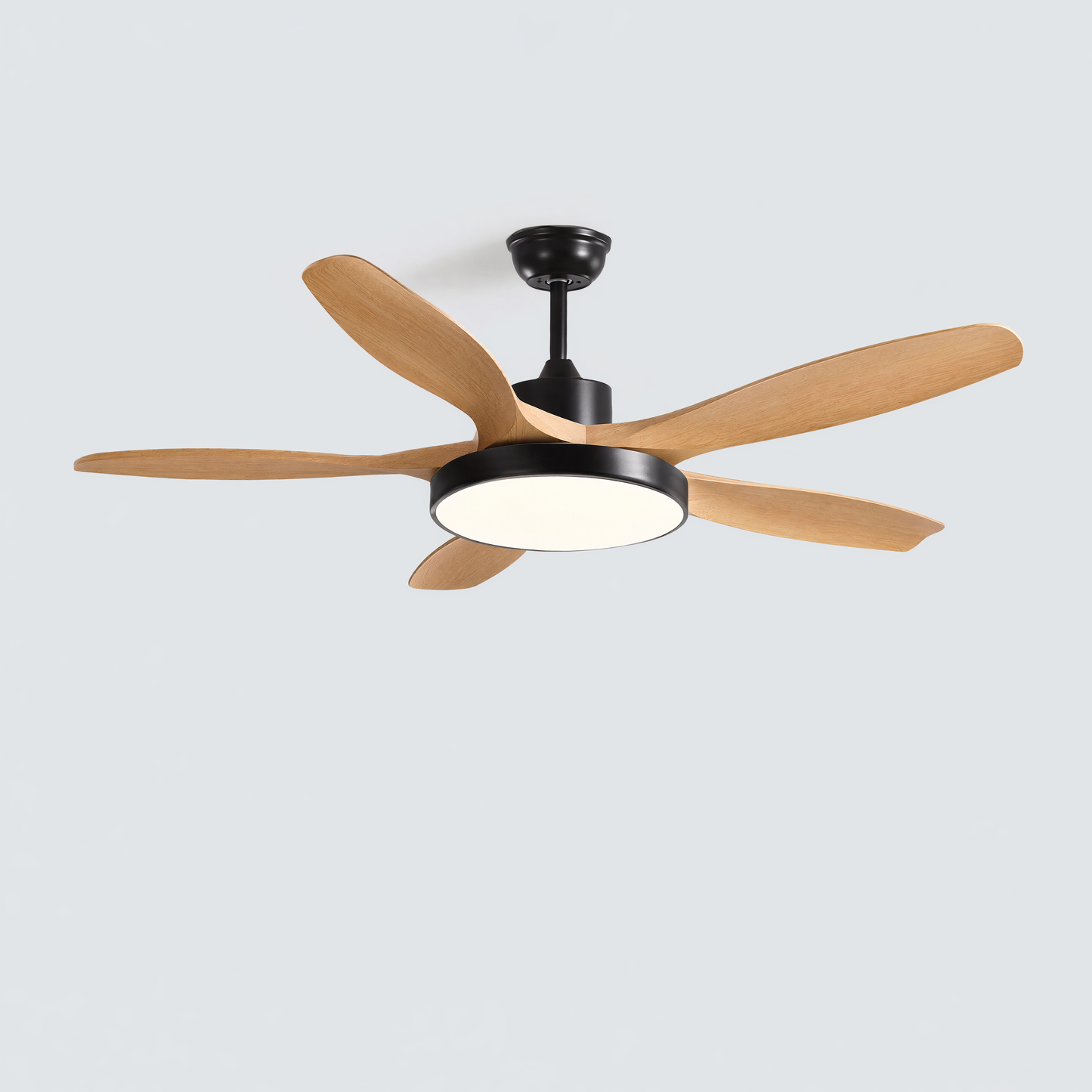 Black 5-blade dc motor ceiling fan with wood blades and integrated LED light, designed for quiet airflow and a modern high-contrast ceiling look.