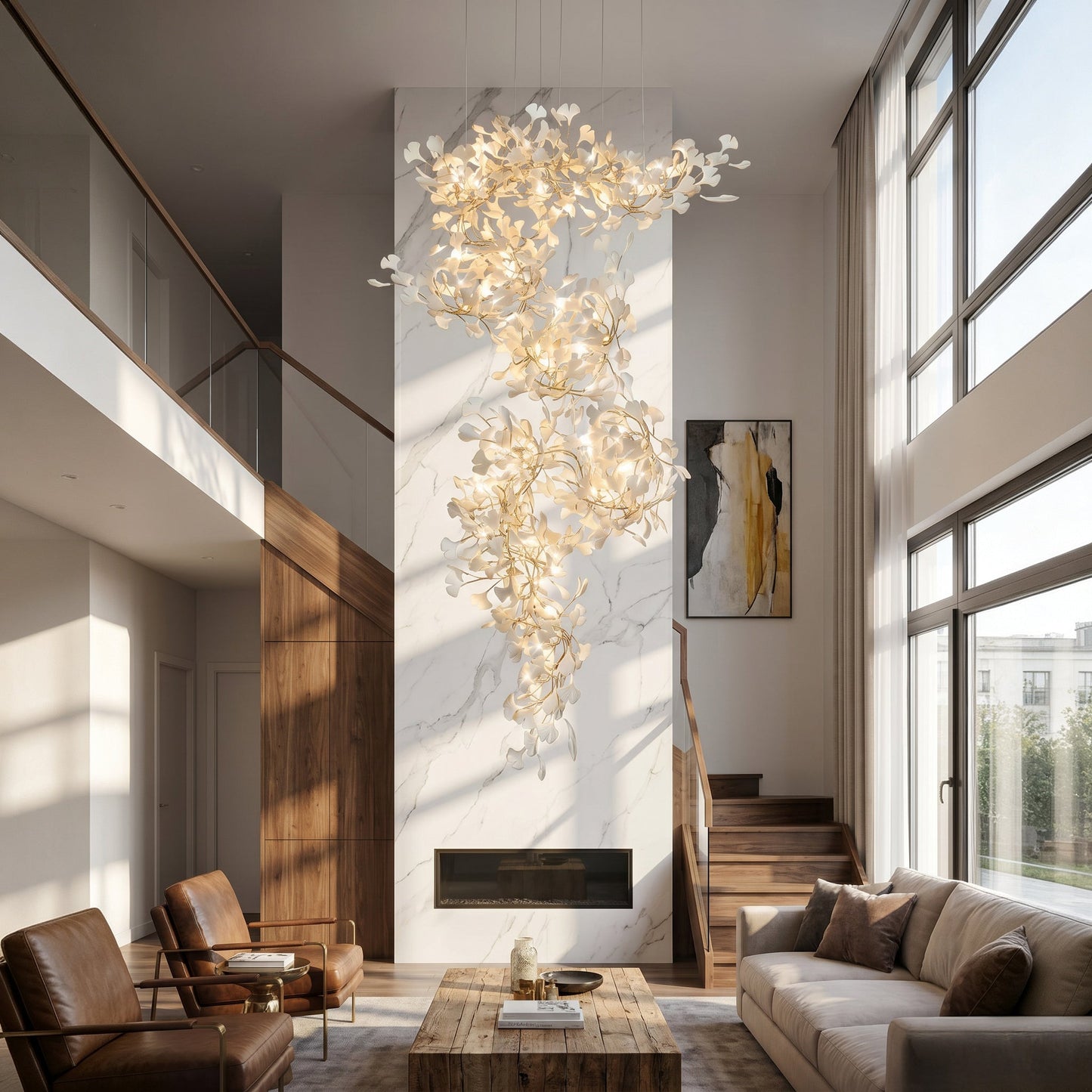 Olverai Ginkgo Long Cascading Foyer Chandelier