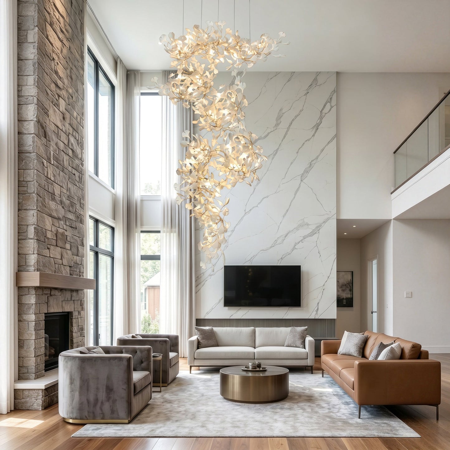 Olverai Ginkgo Long Cascading Foyer Chandelier