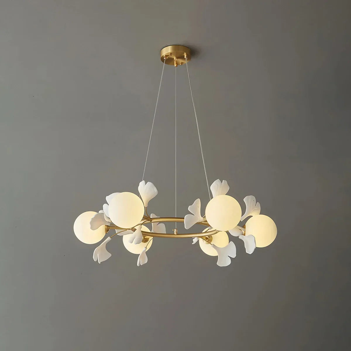 Evander Gingko Chandelier for Dining Area Brass & White 6 Lights