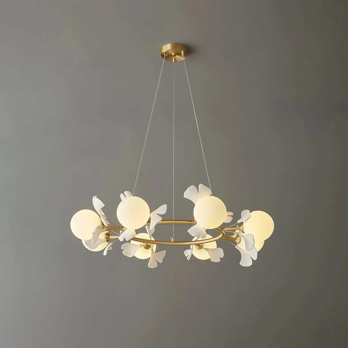 Evander Gingko Chandelier for Dining Area Brass & White 8 Lights