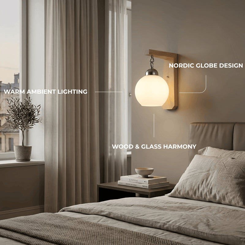 OLVERAI Svala Wood & Frosted Glass Globe Wall Light