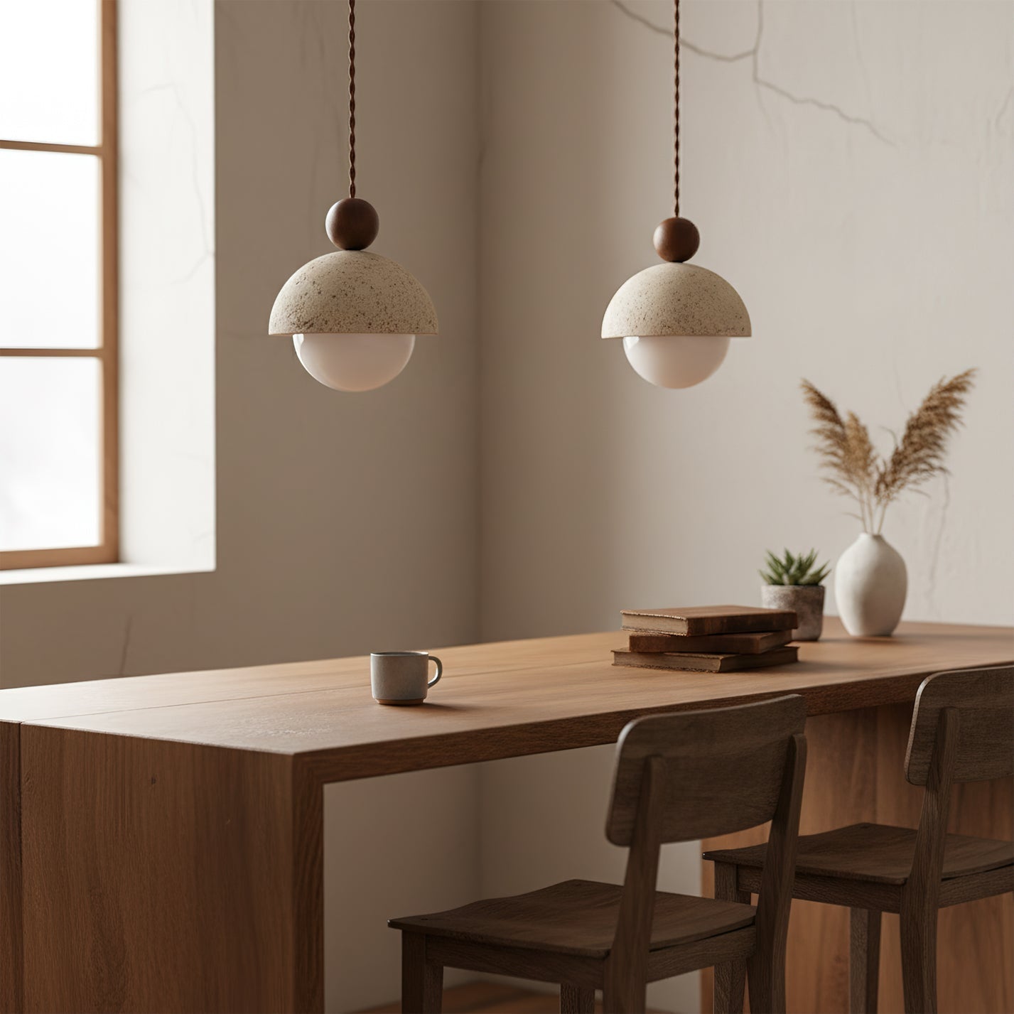 Palermo Travertine Glass Wood Pendant Light - Modern Elegant Ceiling Fixture