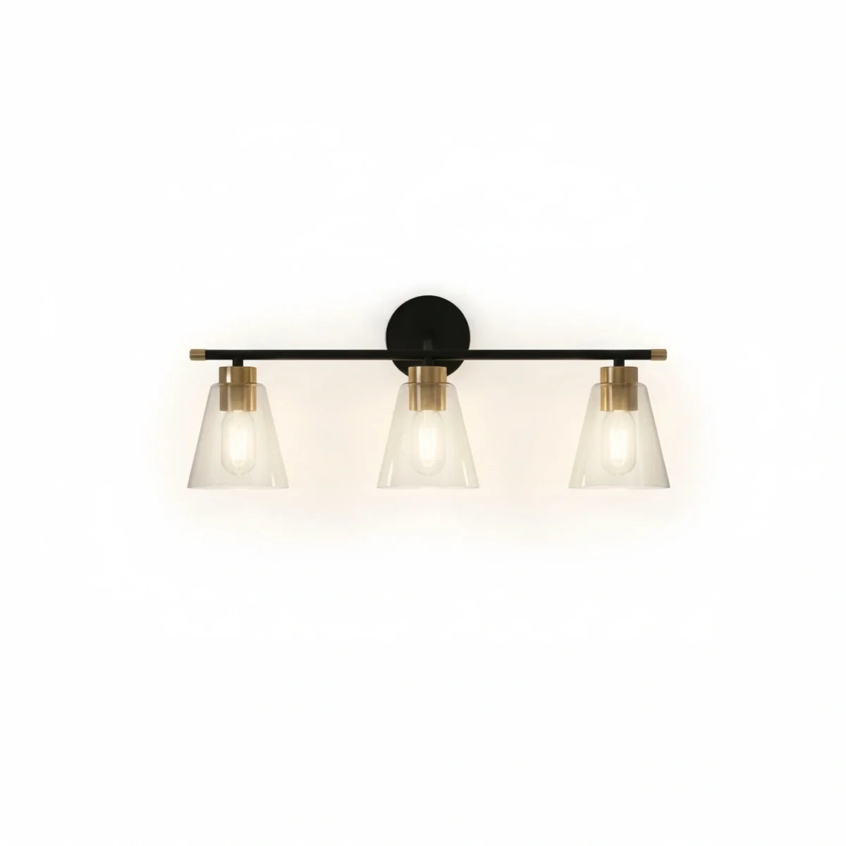 Irondale 3-Light Bathroom Vanity – Matte Black/Brushed Gold Flared Glass Shades Bathroom