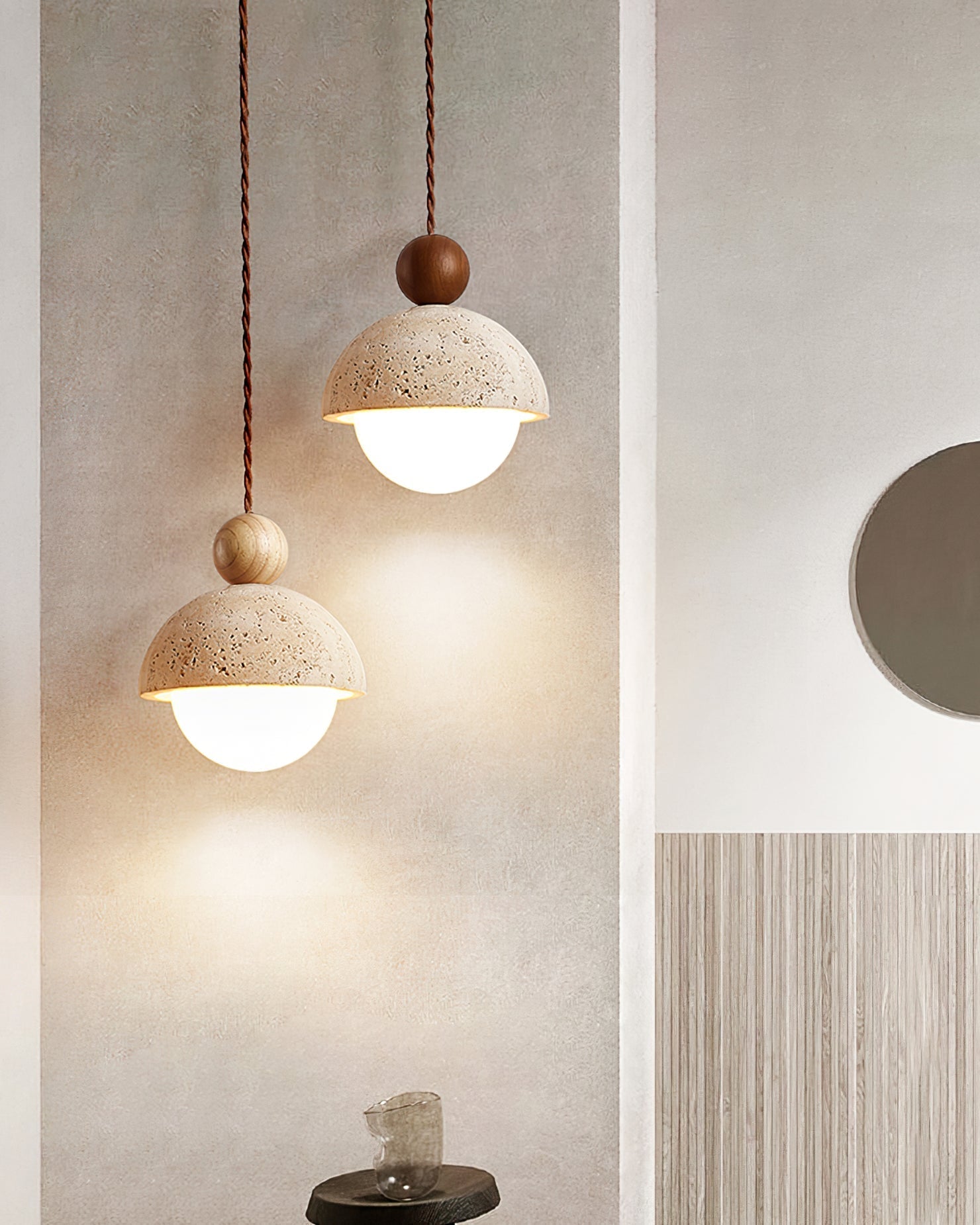 Palermo Travertine Glass Wood Pendant Light - Modern Elegant Ceiling Fixture