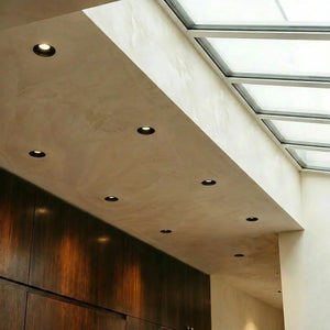 Trimless downlights with black bezels recessed into a light wood ceiling next to skylights.