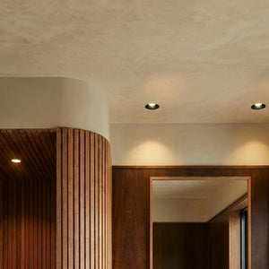 Trimless downlight with black finish installed in ceiling above wood-paneled wall in modern interior.