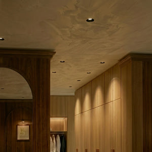 Recessed downlights with trim-free design installed in a wooden closet ceiling, providing ambient lighting.