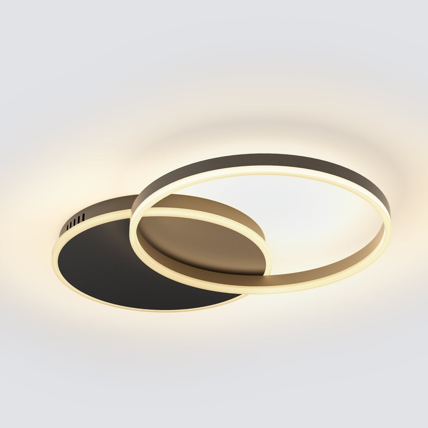 A dark-finish contemporary ceiling lights design with two luminous rings, offering a refined balance of warmth, structure, and modern style.