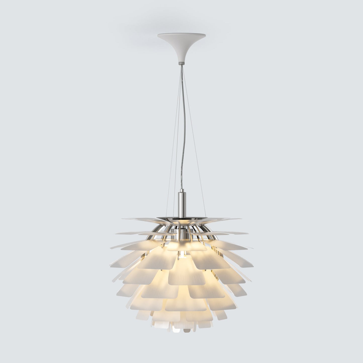 Full product view of a soft white light pendant lights design, with layered metal petals, warm illumination, and a clean suspended silhouette suitable for bright modern interiors.