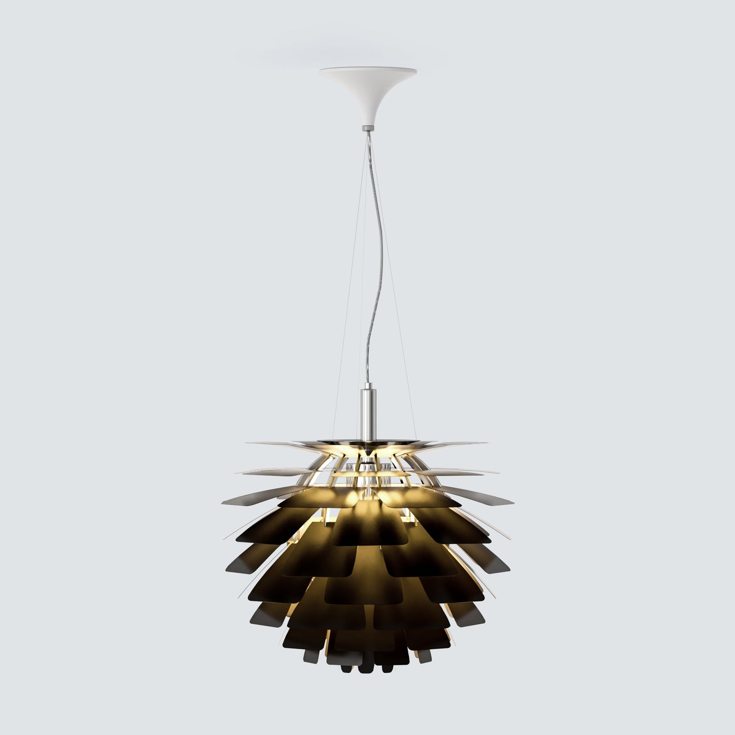 Full product view of a black black pendant light, featuring a layered pinecone-inspired shade, slim hanging cord, and bold sculptural profile for a modern interior statement.