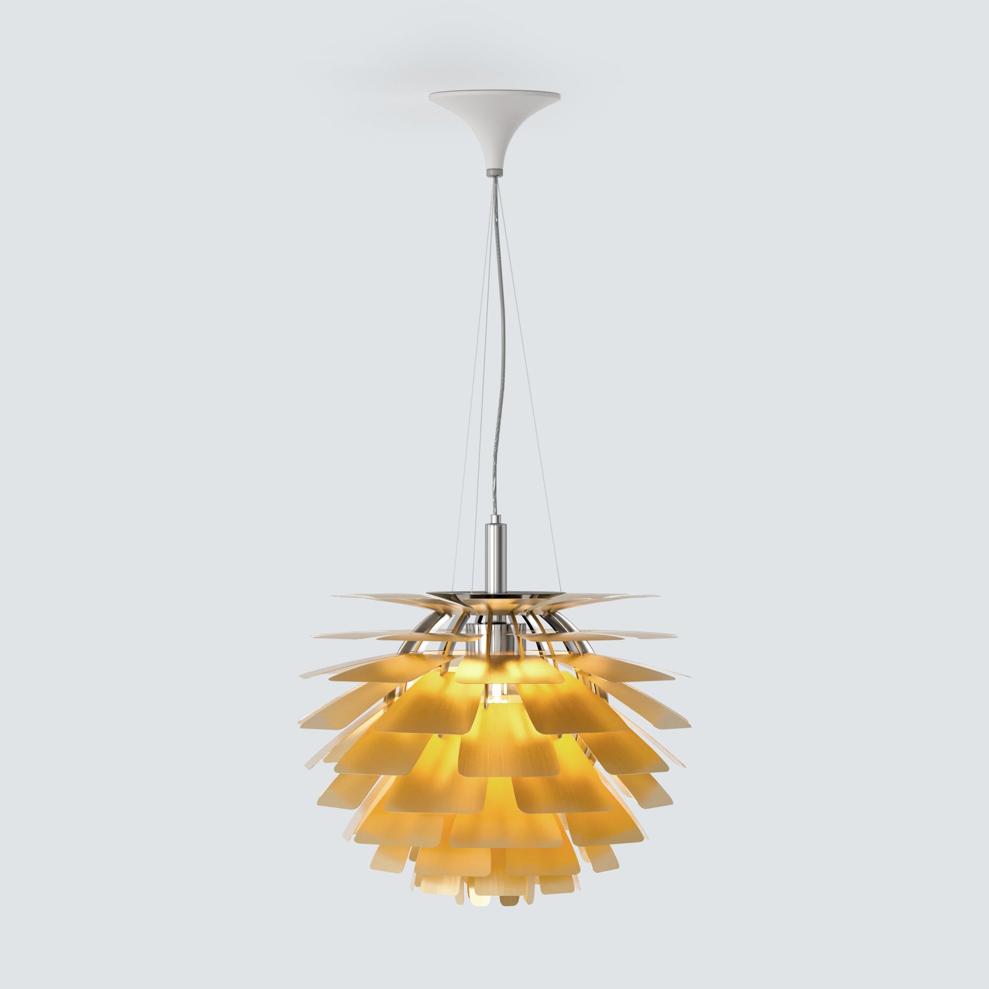 A gold pinecone-inspired pendant chandelier with tiered, petal-like layered metal shades, suspended by a slim black cord from a white ceiling canopy against a clean light gray background.