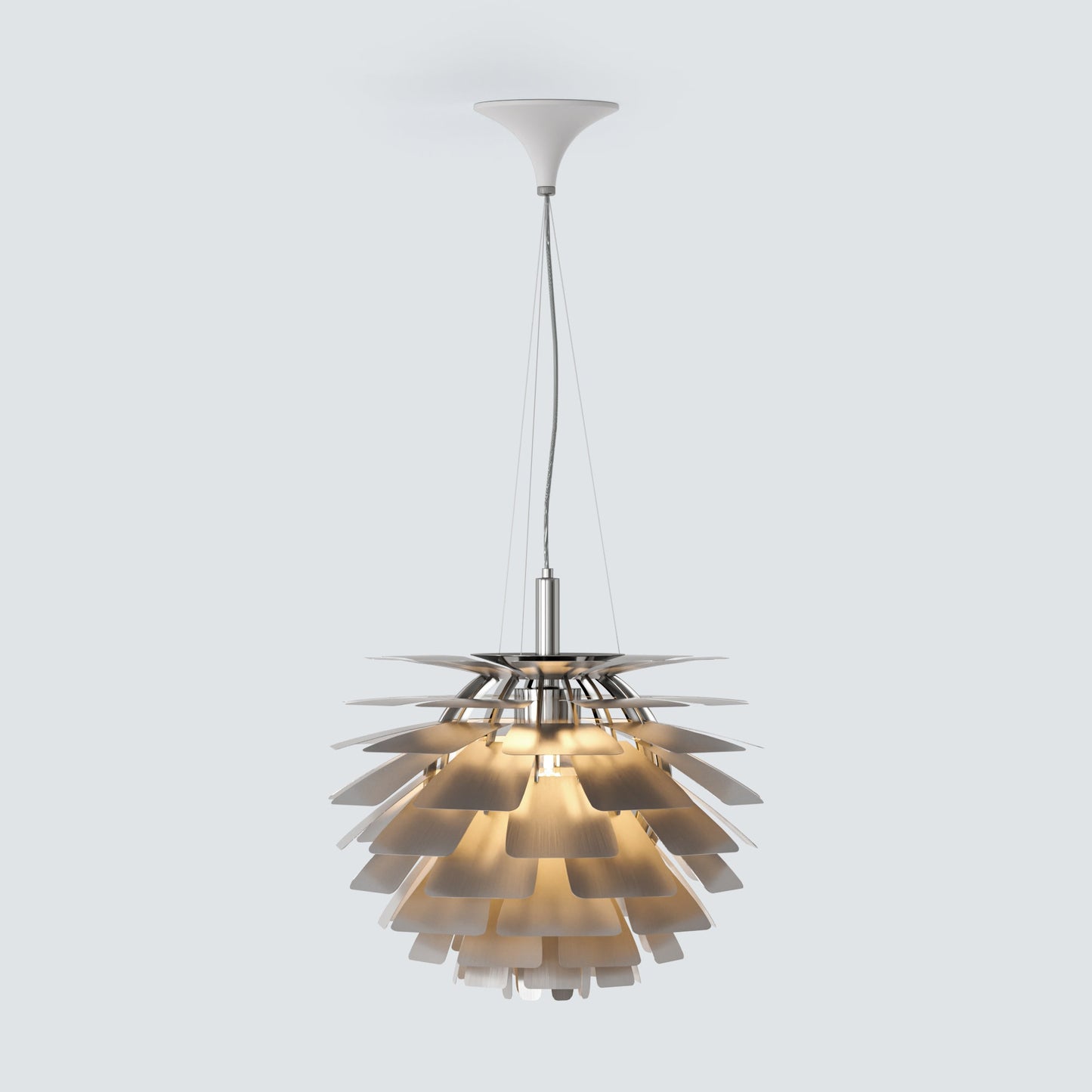 Full product image of a silver ceiling lamp, featuring a slim suspension cord, clean white canopy, and layered pinecone-style metal shade in a cool metallic finish.