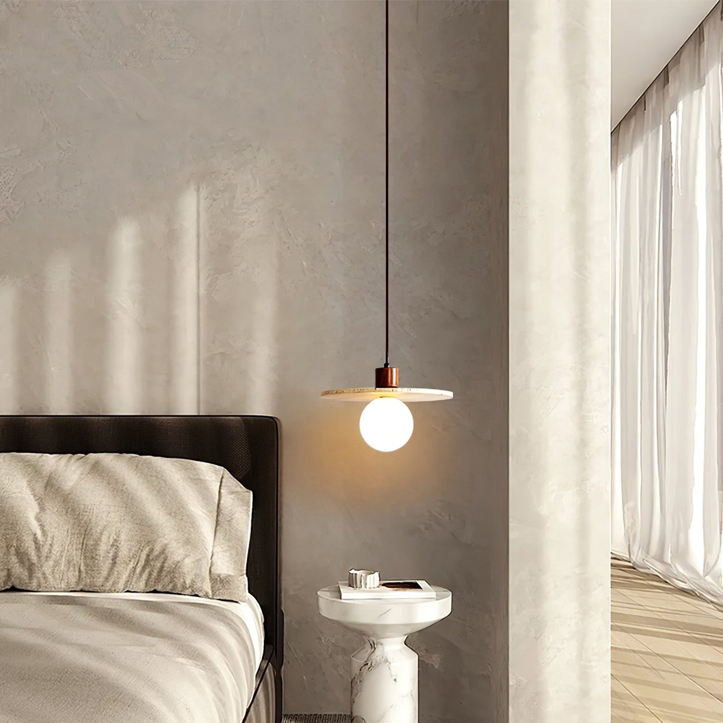 Yellow Travertine Pendant Lamp with Walnut Wood Accents for Modern Interiors