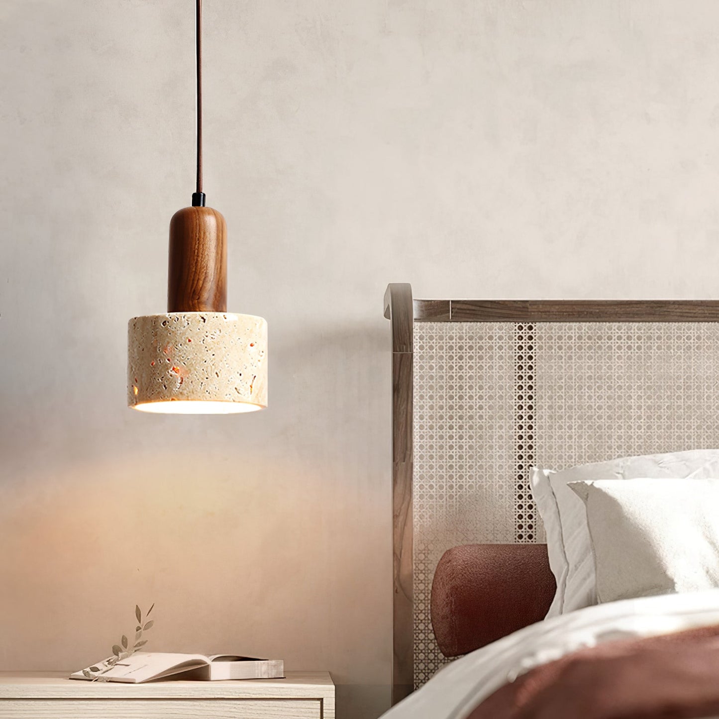 Yellow Travertine Pendant Lamp with Walnut Wood Accents for Modern Interiors