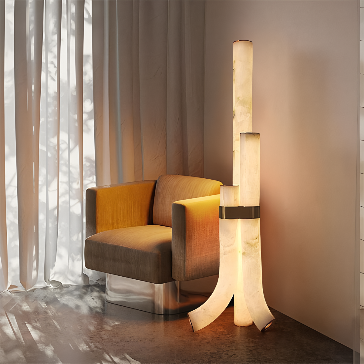 Copper & Natural Spanish Alabaster Piped Floor Lamp