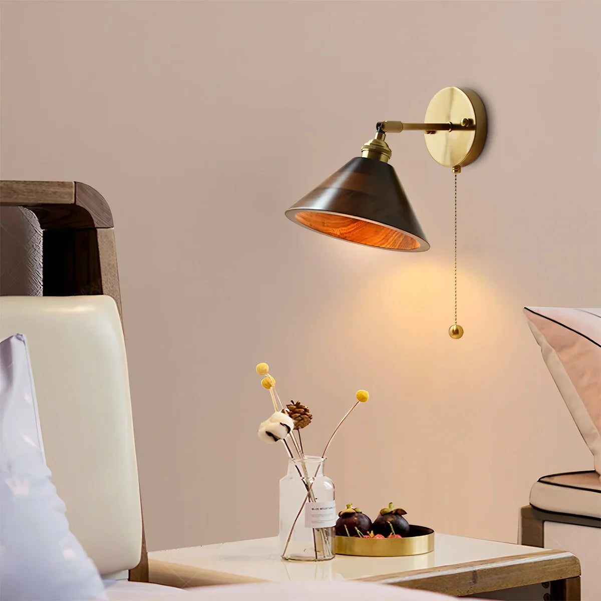 Wood Pull Chain Switch Wall Lamp