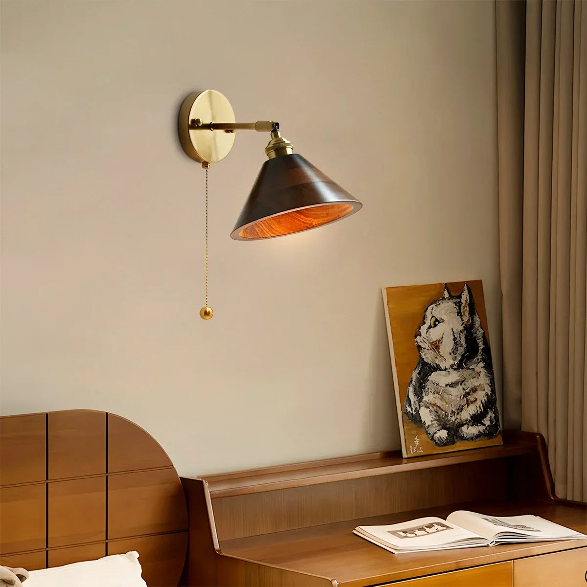 Wood Pull Chain Switch Wall Lamp