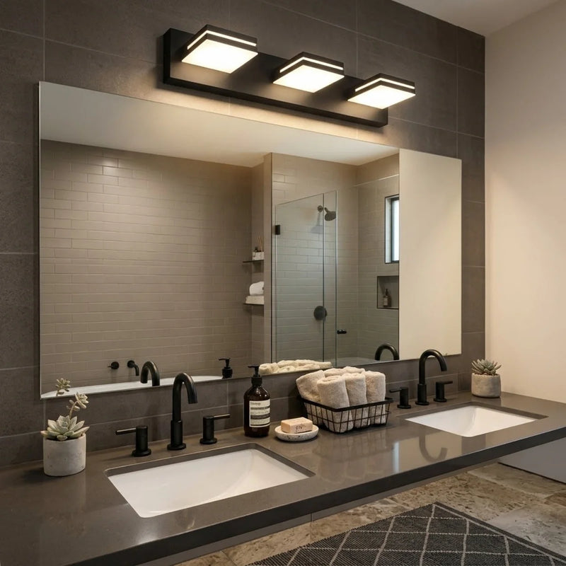 Arcato Modern 3-Light Bathroom Vanity – Cube Acrylic Shades on Matte Black Bathroom