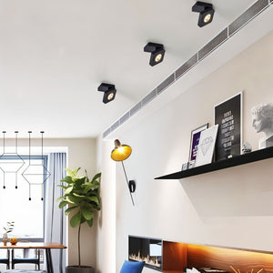 Black adjustable ceiling spotlights mounted on white ceiling in modern living room interior.