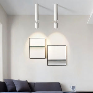 Two cylindrical white downlights illuminate minimalist framed artwork above a dark sofa in a modern interior.