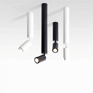 Five cylindrical ceiling downlights in black and white finishes mounted on a white background.