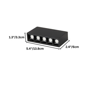 Black recessed downlight fixture with five white LED spotlights on white background.
