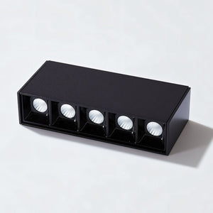 Black rectangular downlight fixture with five recessed LED spotlights on white background.