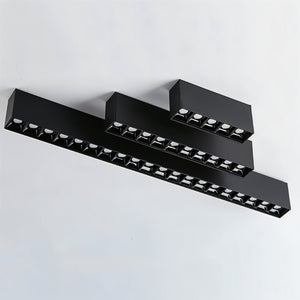 Black modular ceiling downlight fixtures with multiple recessed LED units mounted on white wall.