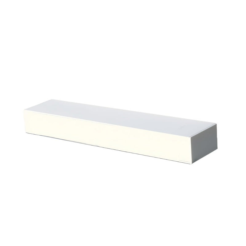 Long rectangular LED downlight fixture with white finish on neutral background.