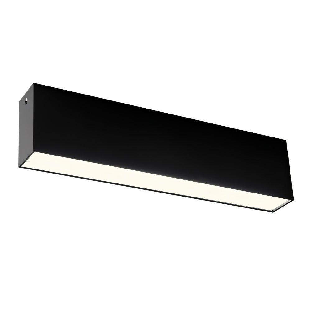 Black rectangular linear ceiling light fixture with warm white downlight on white background.