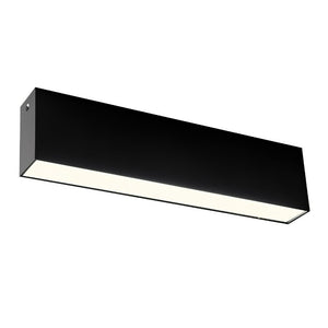 Black rectangular linear ceiling light fixture with warm white downlight on white background.