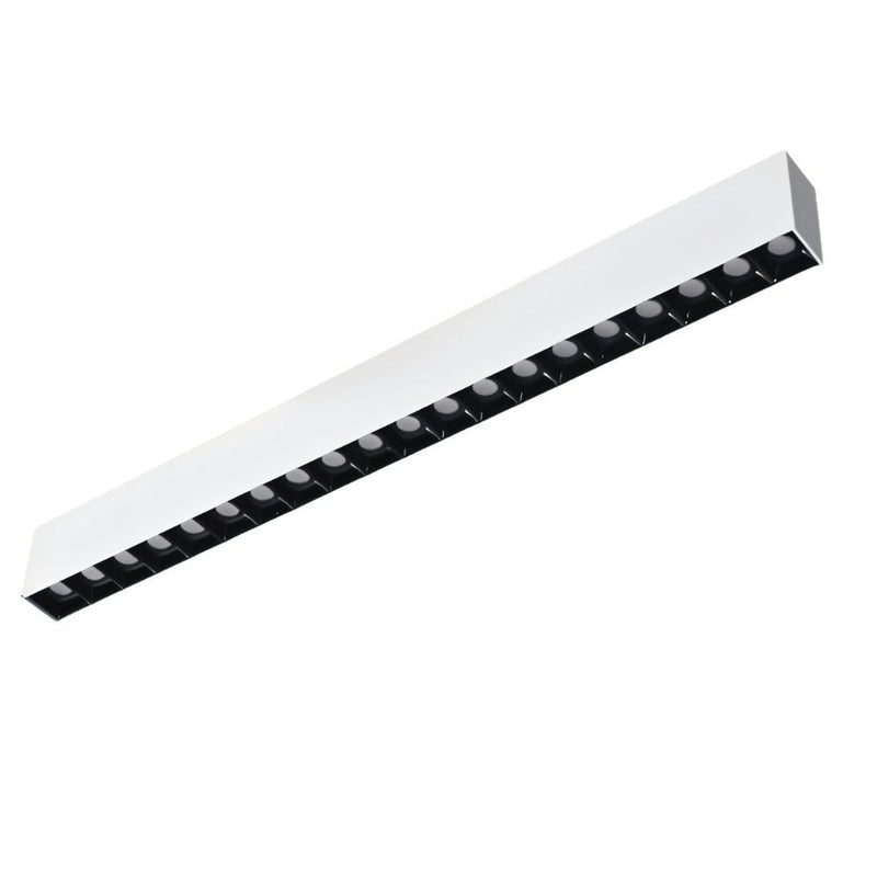 White and black linear downlight fixture with multiple recessed LED spotlights on white background.