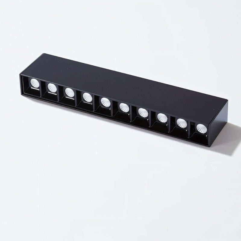 Black rectangular recessed downlight fixture with eight integrated LED lights on white background.