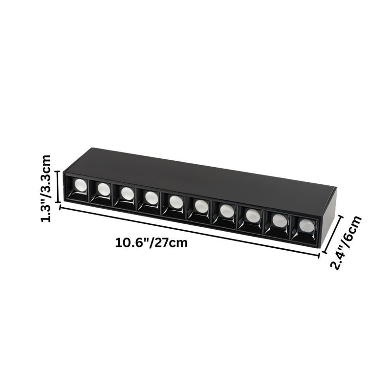 Black linear recessed downlight fixture with 10 white LED lights on white background.