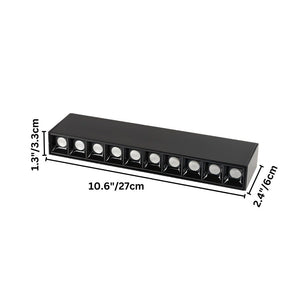Black linear recessed downlight fixture with 10 white LED lights on white background.