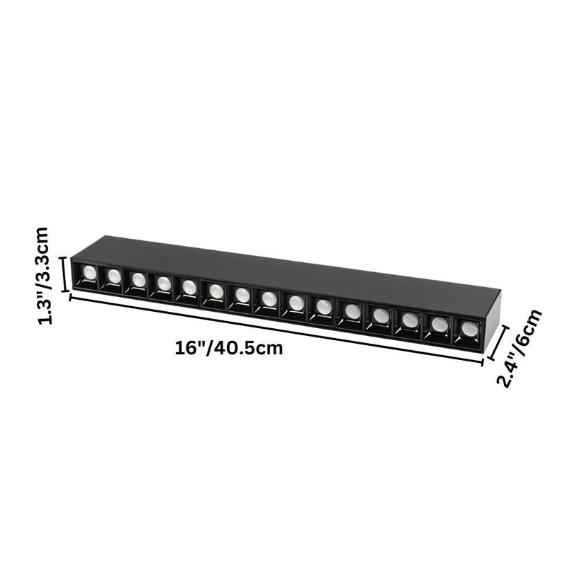 Black linear downlight fixture with 12 recessed white trim rings, dimensions 16"x2.4"x1.3", isolated on white background.