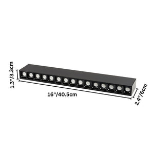 Black linear downlight fixture with 12 recessed white trim rings, dimensions 16"x2.4"x1.3", isolated on white background.