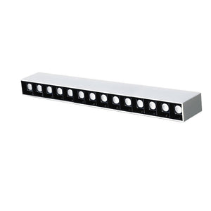 Long recessed downlight fixture with white trim ring and black baffle housing, containing twelve circular apertures.
