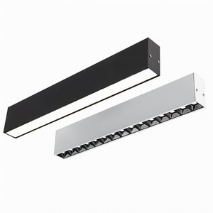 Two linear ceiling downlights in black and white finishes with integrated LED panels mounted horizontally.
