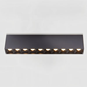 Black linear downlight fixture with ten integrated lights mounted horizontally on white wall.