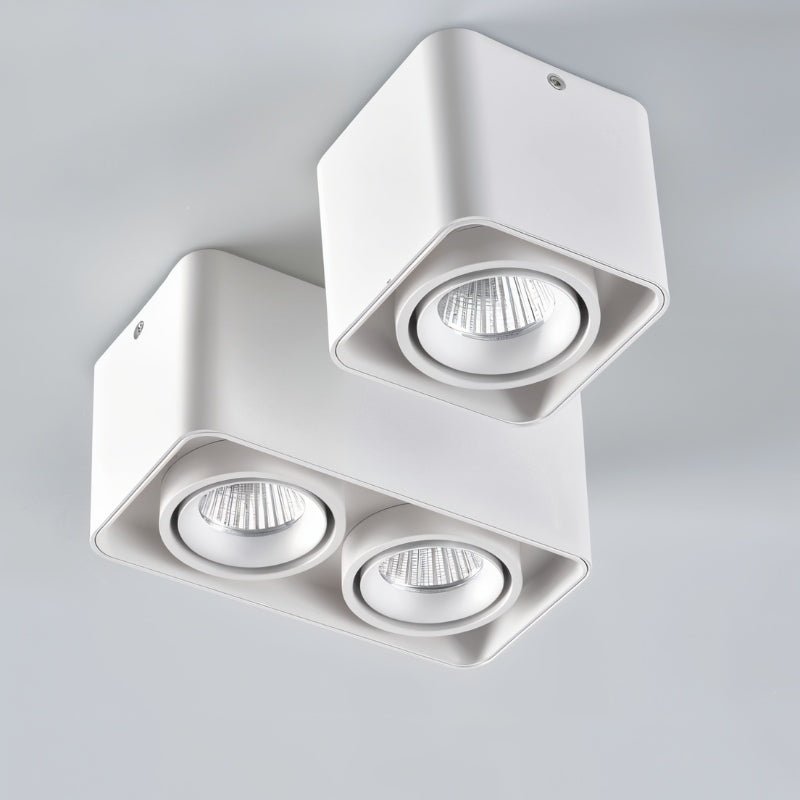 White adjustable surface-mounted downlights with square bezels on ceiling, one fixture with single lamp and one with dual lamps.
